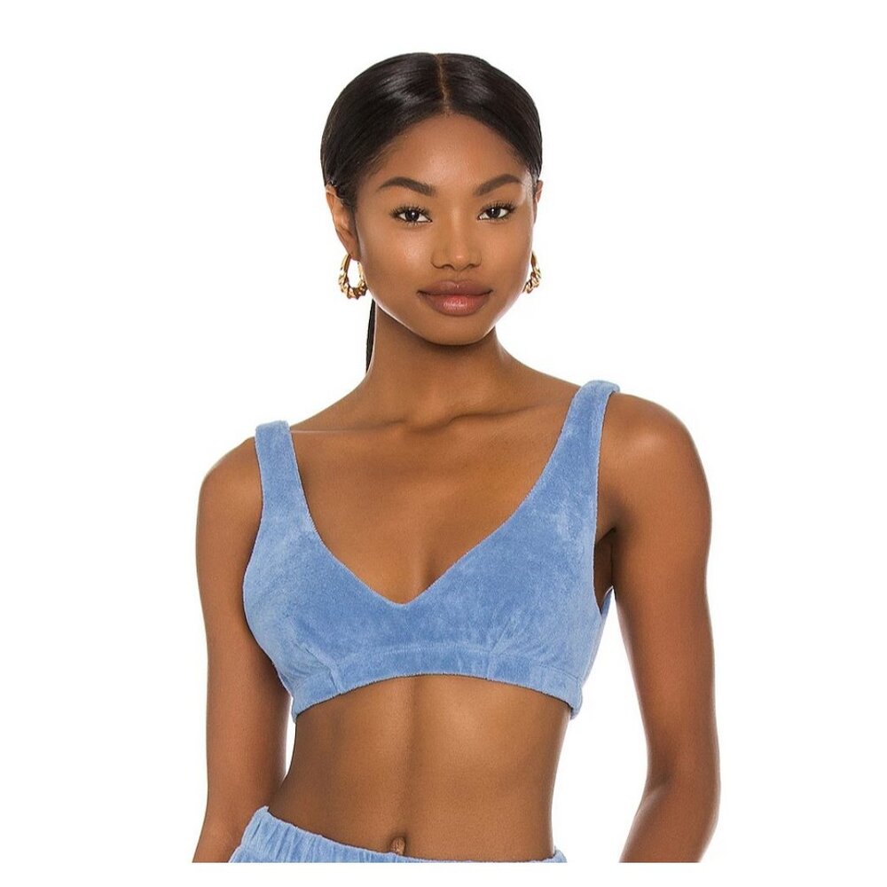 Donni. Womens Terry‎ Bralette Elastic Hem V Neck Made In USA Denim Blue Small